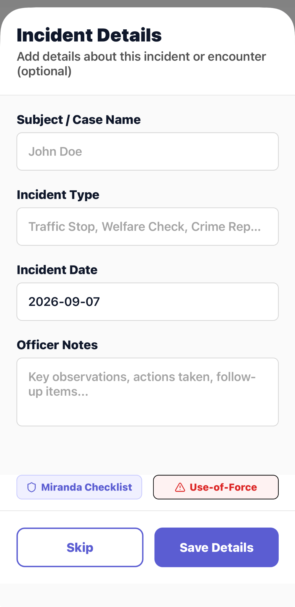 CapturePatrol Incident Details screen with case name, incident type, date, notes, and reporting shortcuts