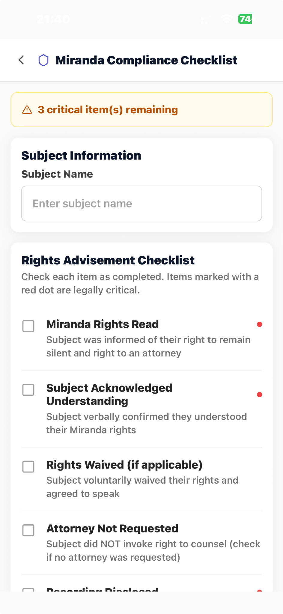 CapturePatrol Miranda Compliance Checklist screen with rights-advisement checklist items