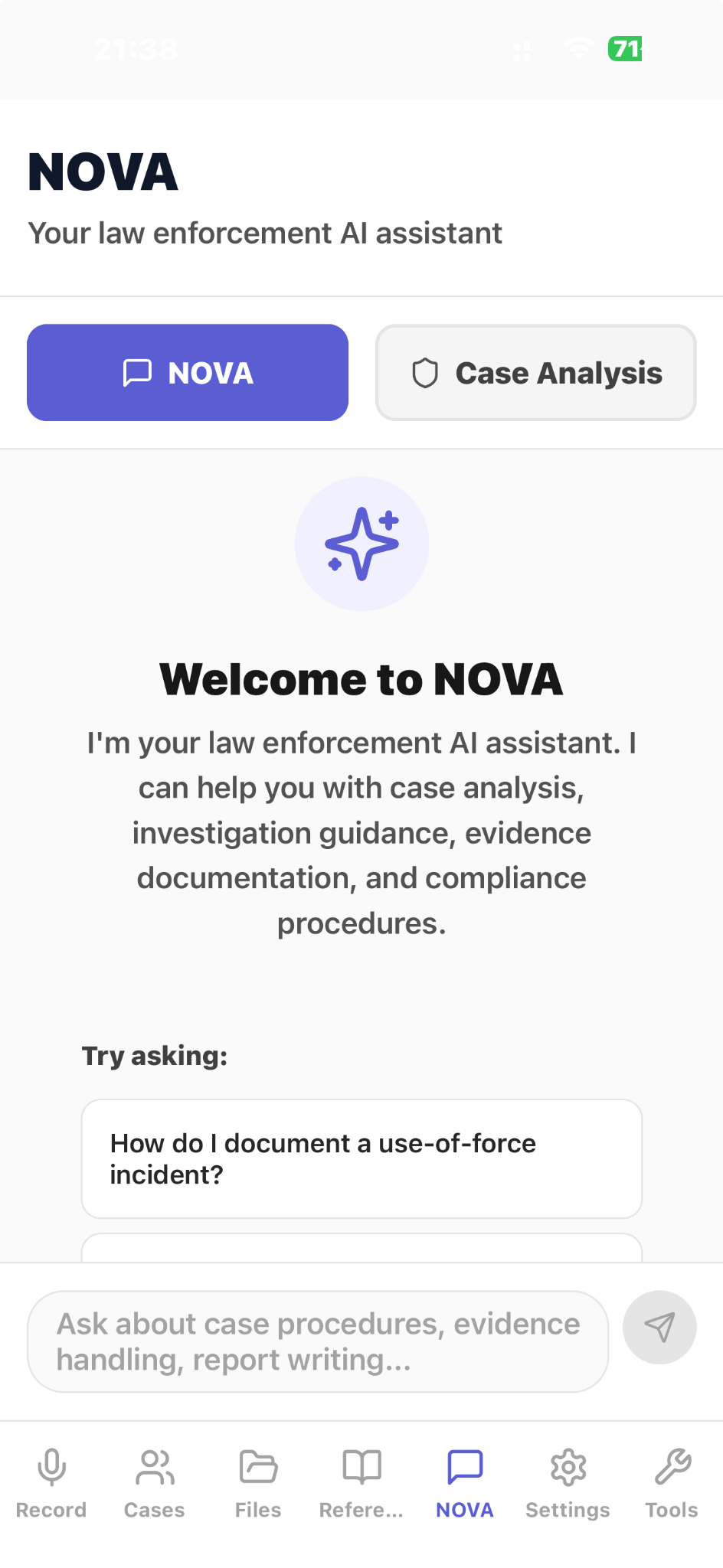 CapturePatrol NOVA screen introducing the law enforcement AI assistant and Case Analysis
