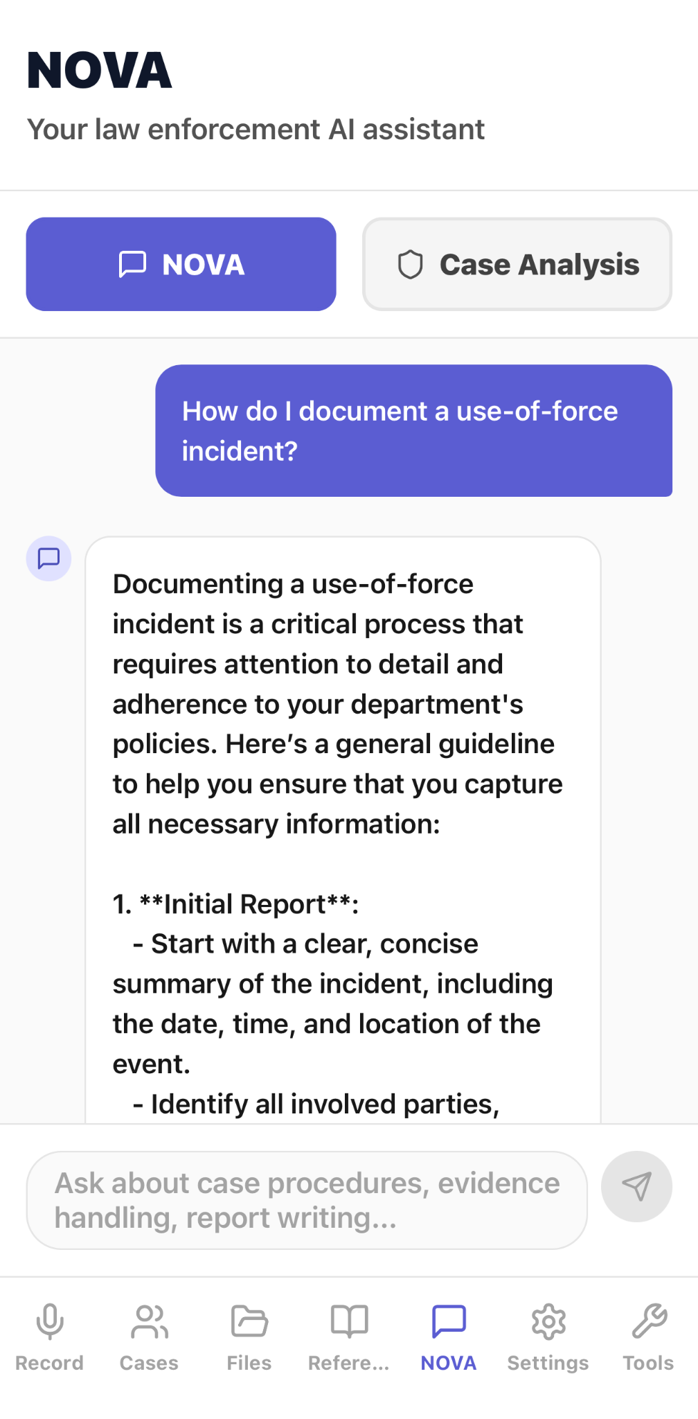 CapturePatrol NOVA conversation showing structured guidance for documenting a use-of-force incident