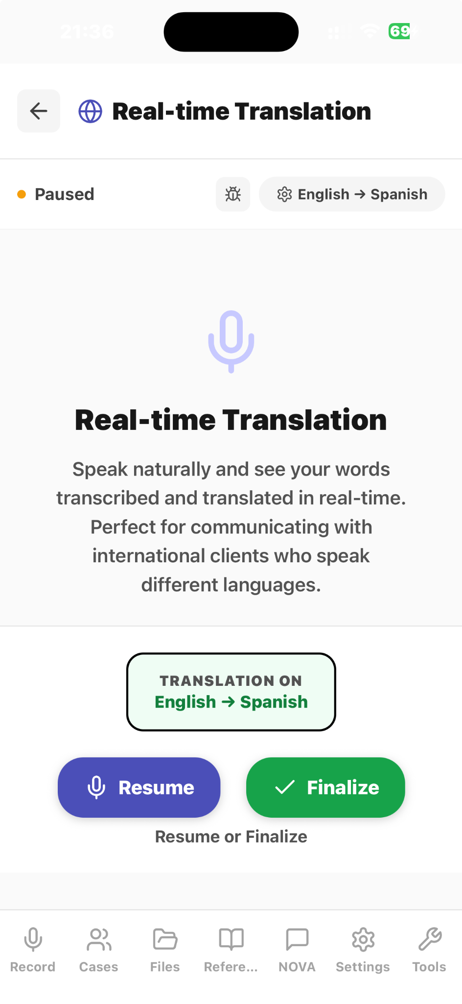 CapturePatrol Real-time Translation screen configured for English to Spanish