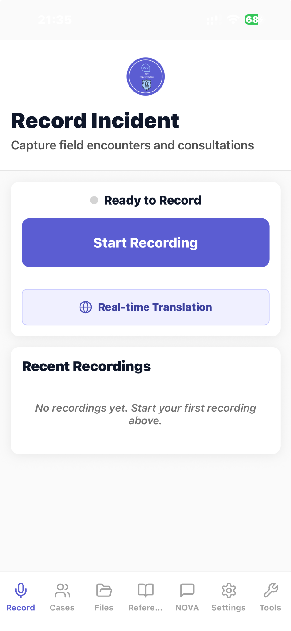 CapturePatrol Record Incident screen with Start Recording and Real-time Translation controls
