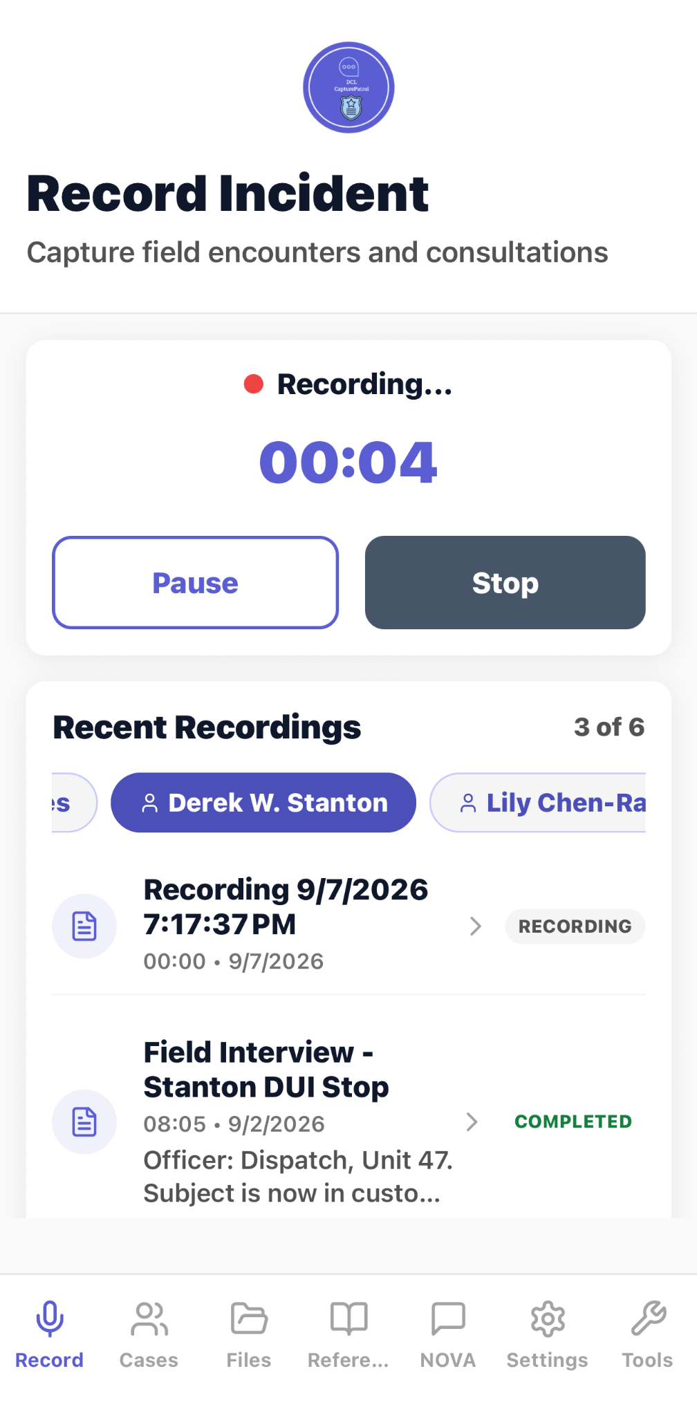 CapturePatrol Record Incident screen showing an active field recording and recent recordings