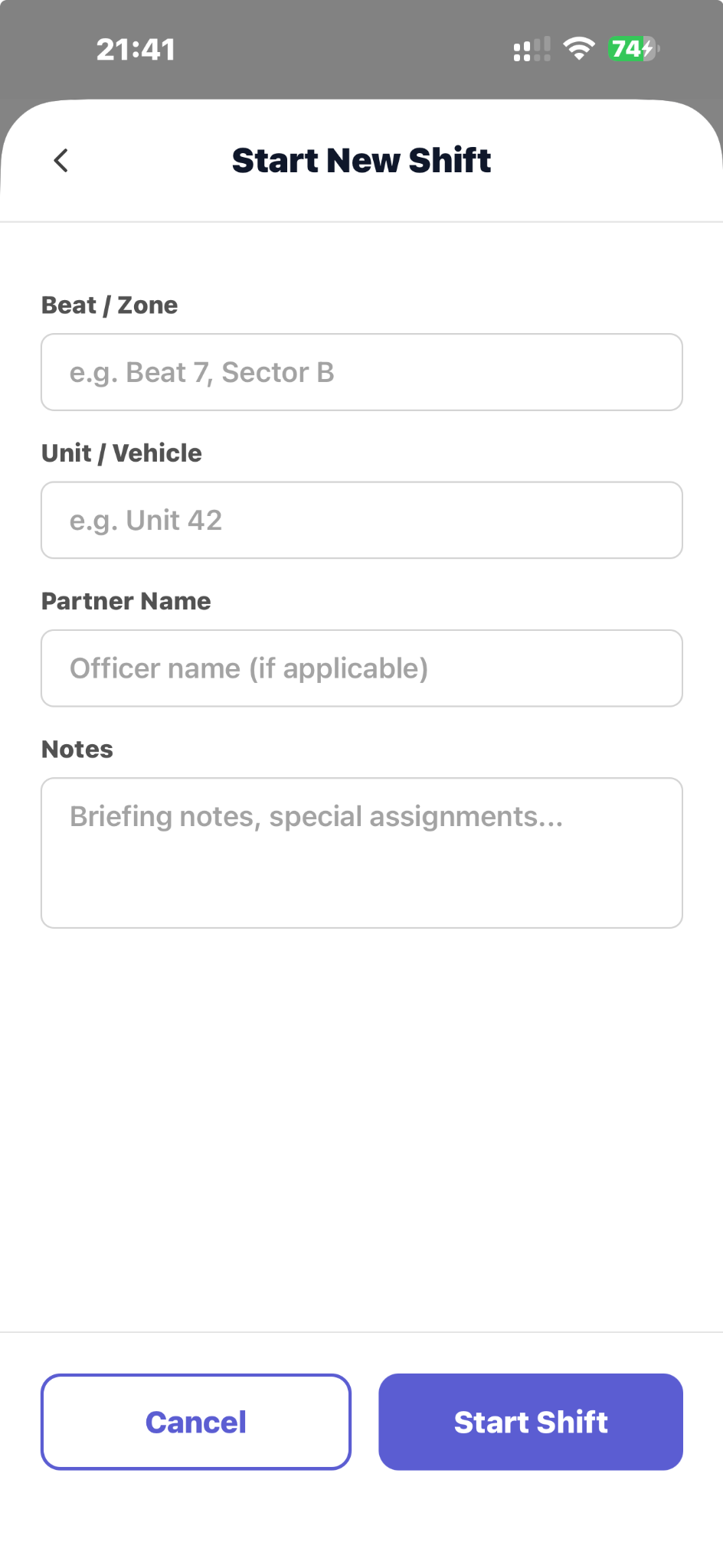 CapturePatrol Start New Shift screen with beat, unit, partner, and notes fields
