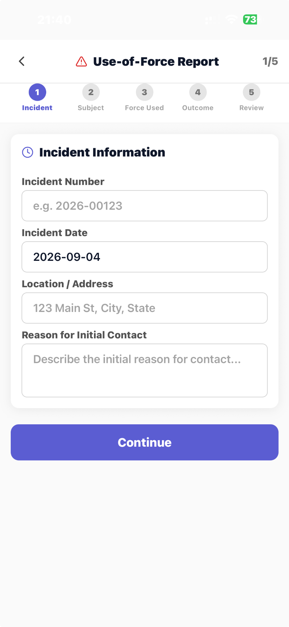 CapturePatrol Use-of-Force Report screen showing the incident information step